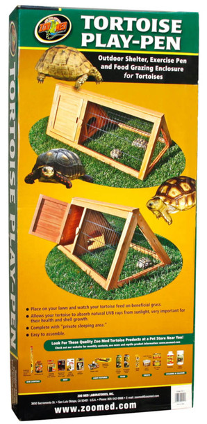 <body><p>Place the Turtle Play Pen on your lawn and watch your tortoise feed on beneficial grass. Allows your tortoise to absorb natural UVB rays from sunlight, which is very important for their health and shell growth. Complete with private sleeping area. Easy to assemble!</p></body>