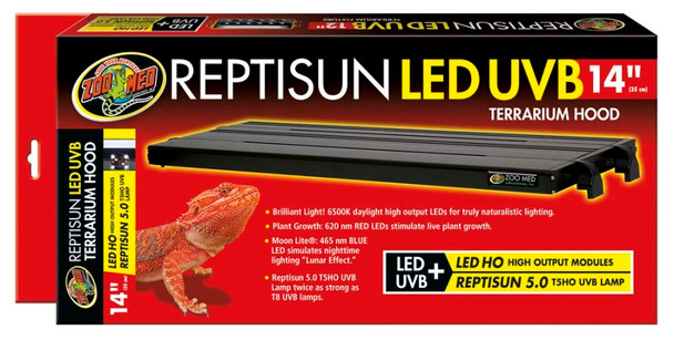 <body><p>Brilliant Light! 6500K daylight high output LEDs for truly naturalistic lighting. UVB:Reptisun 5.0 T5 HO (high-output) lamp included for safe & effective UVB and bright light for improved color rendering. Plant Growth: 620 nm RED LEDs stimulate live plant growth. Moon Lite: 465 nm BLUE LED simulates nighttime lighting inLunar Effect.in Long Life: 20,000 hour life range for LEDs, 12 months for UVB!</p></body>