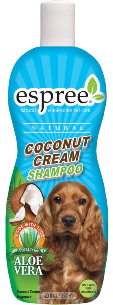 <body><p>Espree's naturally wholesome Coconut Cream Shampoo for dogs made with 100% organic Aloe Vera. A rich and fragrant cleansing solution to deeply nourish the skin and coat. Provides intense hydration and moisture. Eliminates dryness, itching and stops coat breakage. Safe to use with spot-on flea treatments.</p></body>
