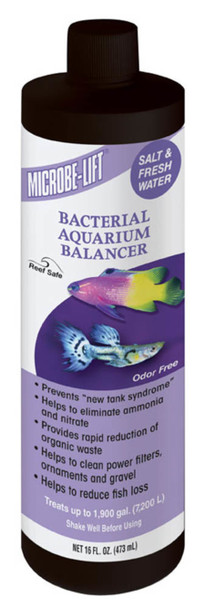 <body><p>Microbe-Lift Bacterial Aquarium Balancer. Odor Free. Reef Marine & Fresh Water Safe. Prevents new tank syndrome. Helps to eliminate ammonia and nitrate. Provides rapid reduction of organic waste. Helps to clean power filters ornaments and gravel. Helps to reduce fish loss.</p></body>