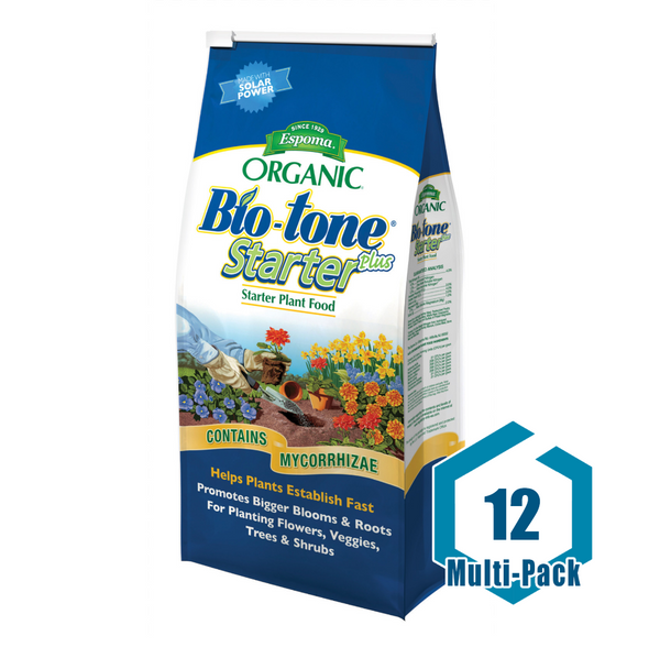 This is a multi-pack that includes:<br/><br/>(12) Espoma Organic Bio-tone Starter Plus Plant Food 4-3-3 - 4 lb<br/><br/>Contains hundreds of thousands of living microbes and both endo and ecto mycorrhazie plus humates that when combined with our all natural and organic plant foods have been proven to promote faster establishment, deeper roots, and superior soil structure. It helps prevent transplant loss and promotes bigger blooms.<br/><br/><br/>