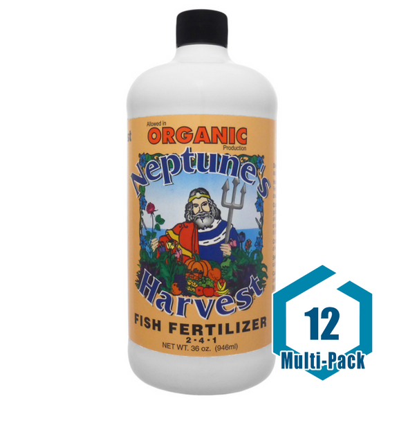 This is a multi-pack that includes (12) 36 oz bottles of Neptune's Harvest Hydrolyzed Fish Fertilizer Organic 2-4-1. Our liquid fish fertilizer is made from cold processed fish from the North Atlantic Ocean, which retains important vitamins, enzymes, amino acids, and growth hormones for plant growth.<br/><br/>
