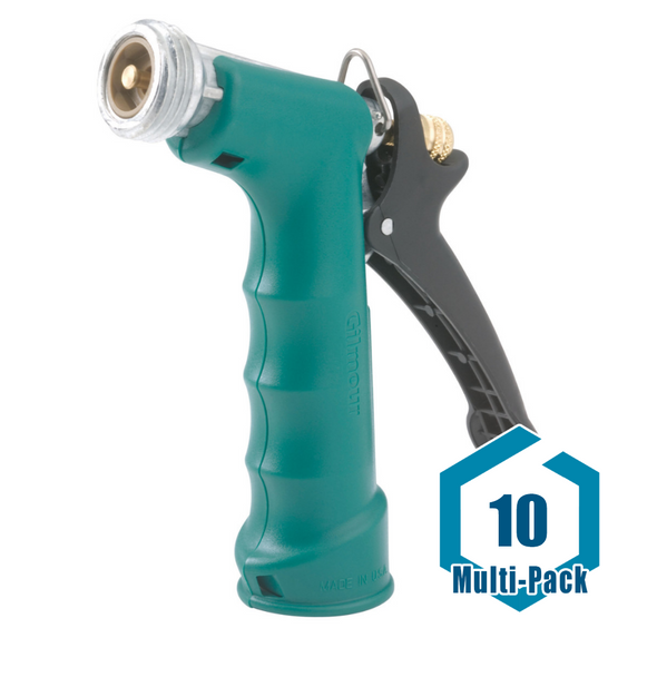 This is a multi-pack that includes 10 original insulated pistol grip nozzles with a threaded front. It can spray hot or cold water and has air between the outer grip and the metal nozzle. The solid brass stem has a permanent adjusting nut and self-adjusting duck packing for a lifetime leak-proof seal. A rubber head guard is also included to protect the front threads.<br/><br/>