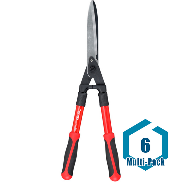 This is a multi-pack of (6) Corona Compound Action Hedge Shears with Aluminum Handles and 9-inch Steel Blades. The high-carbon steel blades are heat-treated for strength and feature a serrated top blade and a PTFE non-stick coated bottom blade for easy cutting. The compound action multiplies cutting power and there is a limb cutting notch for larger branches. The handles are made of lightweight and strong aluminum with an ergonomic grip.<br/><br/>