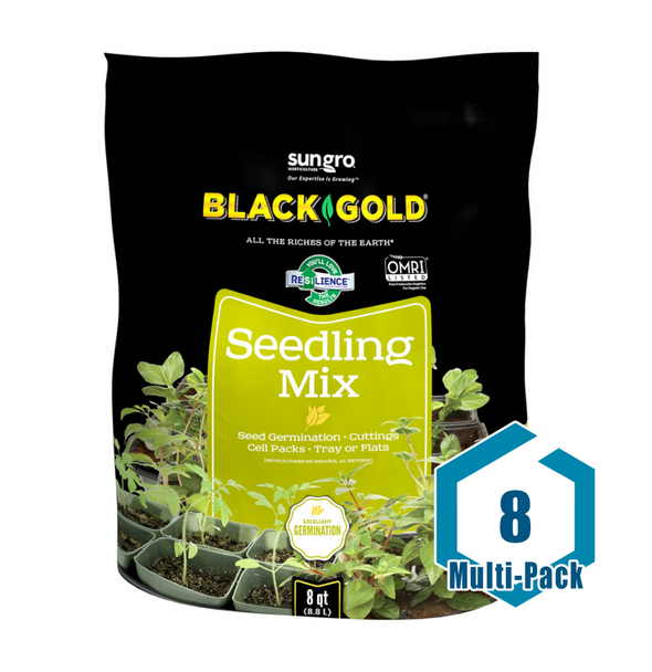This item is a multi-pack which includes (8) Black Gold Seedling Mix Organic - 8 qt. It is listed by the Organic Materials Review Institute for the production of organic food and fiber. This mix combines double screened Canadian Sphagnum Peat Moss and other fine ingredients to provide seedlings with the necessary aeration and moisture retention for healthy development.<br/><br/>