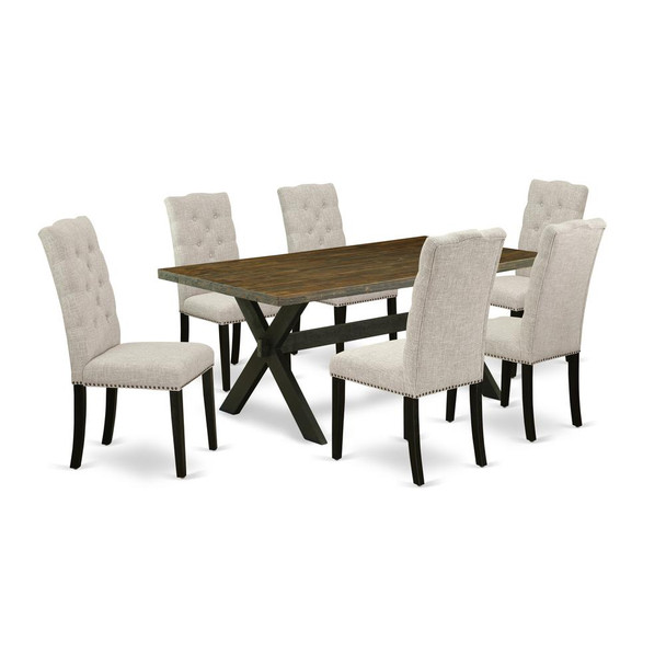 EaST WEST FURNITURE 7-PC DINING ROOM TaBLE SET 6 STUNNING PaRSONS DINING CHaIR and PEDESTaL TaBLEThis modern dining table set includes 6 remarkable parson chairs and an awesome X-leg dining table. The modern dining set delivers a Linen White hardwood dining room table and frame and a fantastic Cream parson chairs seat and High stylish back that bring magnificence to your dining-room and improve the charm of your great dining area. The high quality of our beautiful chairs helps our beautiful customers to get relaxation and feel free when getting their meal. This kitchen table built from premium quality rubber wood which can bear the weight of 300 Lbs. Our parson chairs have a wooden frame with a luxury seat of superior quality foam which is covered with Linen Fabric that gives you relaxation with family or friends. This listing has a premium color of Linen White finish for Pedestal table and Cream parson dining chairs. Our wonderful premium colors improve the beauty of your living area and give a luxurious appearance to your living area or dining area. East West furniture always built from modern furniture along with easy assembling parts. We try to keep our furniture parts modern as well as simple. Our high-class Pedestal dining table set is best for your wonderful dining room as well as the kitchen. You can use it for casual home parties. Keep enjoying East West modern furniture!Features:Fabric Material: Linen FabricFabric Color: Dark KhakiDimensions of beautiful wood table: L 72 x W 40 x H 30 and the dimensions of fabulous parson chairs are: L 19 x W 25 x H 41Package Include: 6 Lovely parson chairs and a Gorgeous Pedestal dining table.