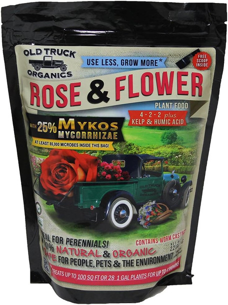 Experience the power of <b>Old Truck Organics Rose & Flower Fertilizer</b> and unlock the beauty of your garden. This premium <i>organic</i> blend is formulated with a balanced 4-2-2 NPK ratio, providing essential nutrients for vibrant roses and stunning flowers. <br><br> But what truly sets this fertilizer apart is the inclusion of <b>25% MYKOS Mycorrhizae</b>, a powerful root-enhancing ingredient that promotes vigorous plant growth and improved nutrient absorption. With at least 85,000 MYKOS mycorrhizal propagules in every 2.2 pound bag, you can be confident that your plants will thrive. <br><br> Enriched with <i>kelp</i> and <i>humic acid</i>, this fertilizer not only nourishes your plants but also improves soil structure and overall plant vitality. The all-natural, beneficial bacteria in this formula create a thriving garden ecosystem, ensuring your roses and flowers receive the nutrients they need for optimal growth and blooming. <br><br> Say goodbye to lackluster plants and welcome a flourishing garden with Old Truck Organics Rose & Flower Fertilizer. Experience the difference that premium, organic ingredients can make in your gardening journey.