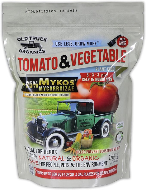 <b>Grow nutrient-rich and delicious tomatoes, vegetables, and more with Old Truck Organics Tomato & Vegetable Fertilizer!</b> This <i>premium organic fertilizer</i> is formulated with a balanced 5-3-3 NPK ratio and enriched with <b>all-natural, beneficial bacteria</b> like <b>MYKOS mycorrhizae</b> to promote robust root growth and enhanced nutrient absorption. <br><br>Unlike other fertilizers with negligible amounts of mycorrhizal inoculants, each 2.2 lb bag contains <b>at least 85,000 MYKOS propagules</b> ready to colonize new plant roots and establish a symbiotic relationship for optimal growth and vitality. <b>Kelp and humic acid</b> are also added to improve soil fertility, water retention, and overall plant vigor. <br><br>With Old Truck Organics, you can enjoy a bountiful harvest of <i>nutrient-dense and flavorful produce</i> from your home garden while being environmentally conscious. Give your plants the nourishment they need to thrive naturally.