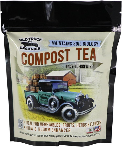 Introducing the Old Truck Organics Compost Tea Kit - a revolutionary way to nourish your plants with <b>all-natural, beneficial bacteria</b>. This easy-to-brew kit includes 2 compost tea brew pouches and 2 microbe food packs, making it simple to create a nutrient-rich compost tea for your garden. <i>Compost tea is a powerful organic solution that helps revitalize soil by building microbial populations and increasing nutrient accessibility for your plants.</i> <br><br>The special blend of organic matter in the tea brew pouches has been carefully formulated to break down nutrients and make them readily available for your plants' roots. When brewed with the included microbe food packs, the tea becomes a thriving ecosystem of beneficial microorganisms that work to improve soil health and promote vigorous plant growth. <br><br>Whether you're growing lush vegetables, vibrant flowers, fragrant herbs, or juicy fruits, the Old Truck Organics Compost Tea Kit provides a natural boost to your garden. <b>By increasing nutrient availability and supporting a diverse microbial community in the soil, this compost tea helps your plants thrive and produce abundant harvests.</b> Simply brew the tea with 3-5 gallons of water, and you'll have a ready-to-use organic solution for healthier, more productive plants.
