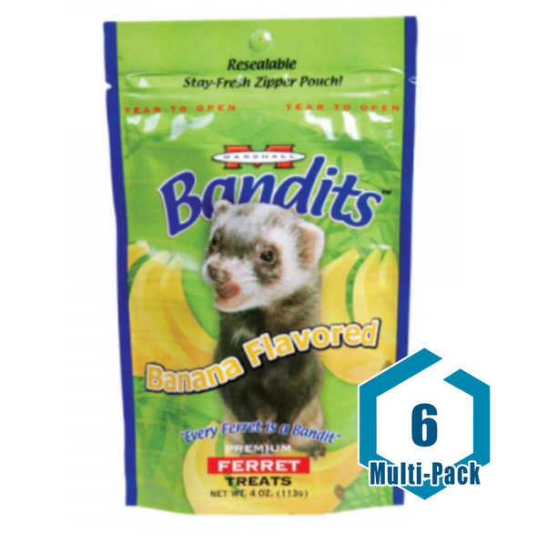 This is a multi-pack that includes 6 items of Bandits Premium Ferret Treats, made with fresh meat ingredients in various ferret-friendly flavors. These treats are perfect for both healthy snacks and positive reinforcement for good behavior.<br/><br/>