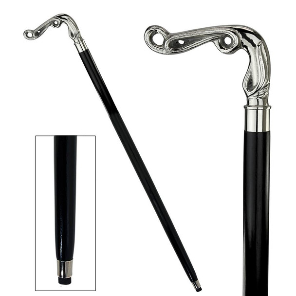 Stylish and functional, our hardwood and polished chrome Art Nouveau Swag walking stick is a fashion accessory required with a gentleman's top hat and tails. Our Design Toscano hand-crafted, collectible, hardwood walking cane features a quality polished chrome electroplated metal finish and an ornamental Art Nouveau crutch handle displaying remarkable artistic detail and sure to lend style to any collection. This handsome walking stick boasts a polished ebonized hardwood shaft, which has been expertly lacquered with a matte clear coat finish to protect the wood. Fitted with a polymer ferrule tip and smart polished chrome electroplated metal collar. This decorative walking stick is not weight bearing and is not intended for orthopedic use.  4&frac12;Wx&frac12;Dx38H. 1 lb.