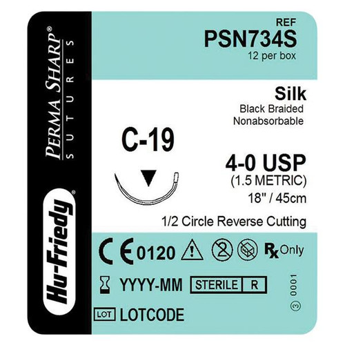 Hu-Friedy Perma Sharp Sutures, Silk, Size 4-0, Black, Non-Absorbable, 18", C-19, 1/2 Circle, 12/bx