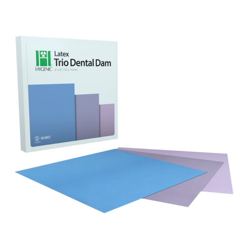 Four D Rubber Hygenic Trio Latex Dental Dam, 6x 6 (15 cm x 15 cm), Assorted Colors (Pink/Purple/Light Blue), Medium Gauge, Latex, 36/bx