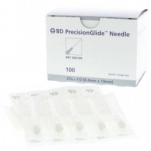 BD PrecisionGlide Needle, 27G x ½", Regular Bevel, Sterile, 100/bx, 10 bx/cs