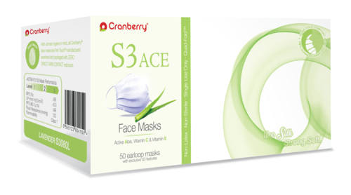 Cranberry S3 ACE Aloe Vera VC&VE, Earloop Masks, Level 2, Blue, 50/bx S3080B Cranberry S3 ACE Aloe Vera VC&VE, Earloop Masks, Level 2, Blue, 50/bx S3080B