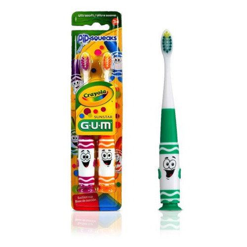 Sunstar Crayola Pip-Squeaks Toothbrush, Suction Cup, Ultra Soft, Tapered Head, Age 3+, 1 dz/bx