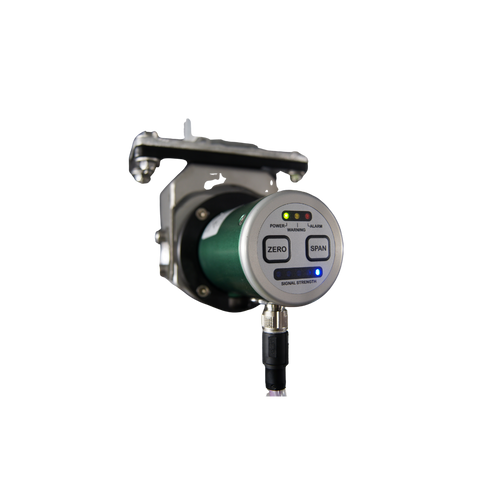 Green Instruments G26 ambient oil mist detector with cylindrical housing, status indicator lights, and Zero and Span calibration buttons for industrial oil mist monitoring.