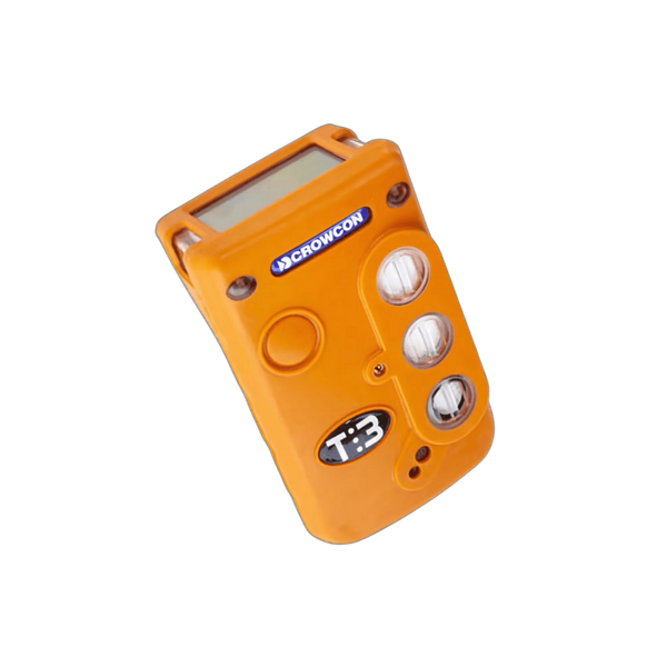 Crowcon Tetra 3 portable multi-gas detector with orange rugged casing, LCD display, and three gas sensor ports for personal gas detection.