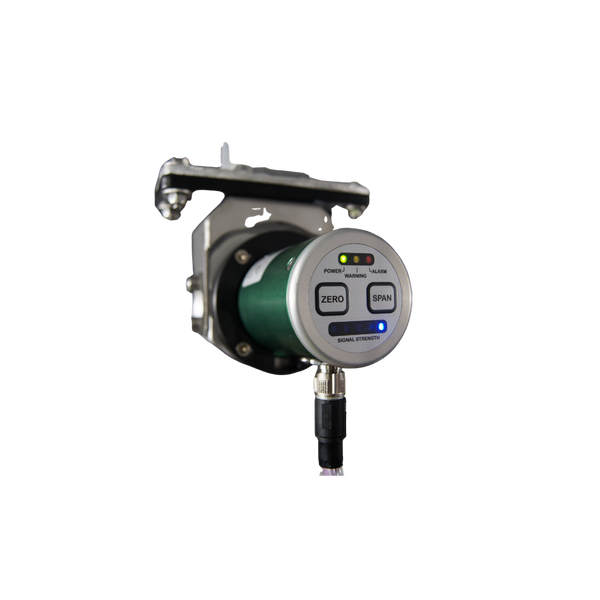 Green Instruments G26 ambient oil mist detector with cylindrical housing, status indicator lights, and Zero and Span calibration buttons for industrial oil mist monitoring.