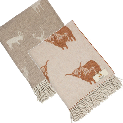 Made in Scotland, stag, highland cow, blanket, throw, luxury, cosy, country