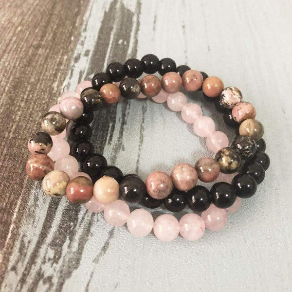 3 Bracelets Confiance en lAmour en Quartz Rose, Rhodonite et Onyx Noir zaxx