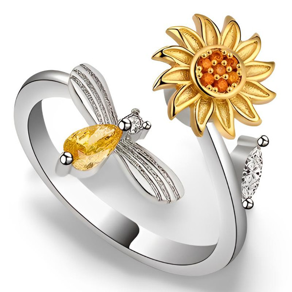 Pack De 2 Bagues Anti-stress En Argent Ajustables – Tournesol Et Cœur – Soulagement De L'anxiété – Cadeau élégant Pour Femme - 4