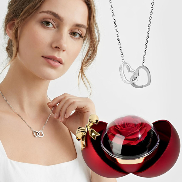 Coffret Rose Éternelle Avec Bijoux Deux Coeurs Entrelacés zaxx