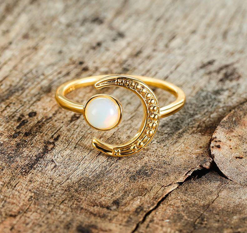 Bague Pierre De Lune Argent 925 Réglable - Motifs Triple Lune, Pentacle, Feuille, Ouverte, Pour Femme, Cadeau Wicca - 7