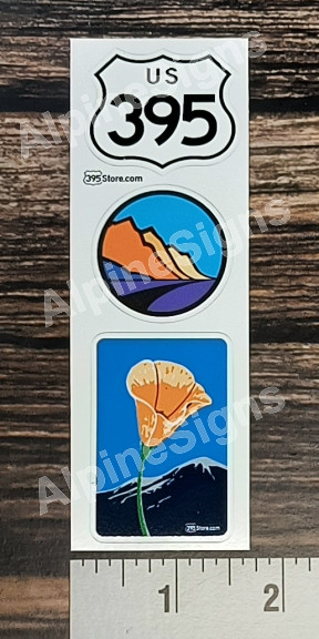Mini Highway Route 395, Scenic Byway & Poppy sticker (3 pack) - 395 Store
