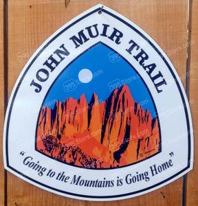 John Muir Trail sign, showing Mt Whiney and phrase "going to the mountains is going home"
Designed and Copyright 395store.com
