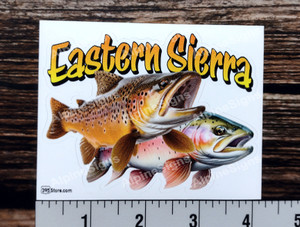 This trout fishing sticker is a realistic image of a brown trout swimming with a rainbow trout. Top of sticker says "Eastern Sierra"