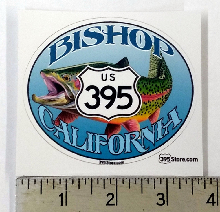 Oval sticker showing rainbow trout with 395 sign that says "Bishop California"