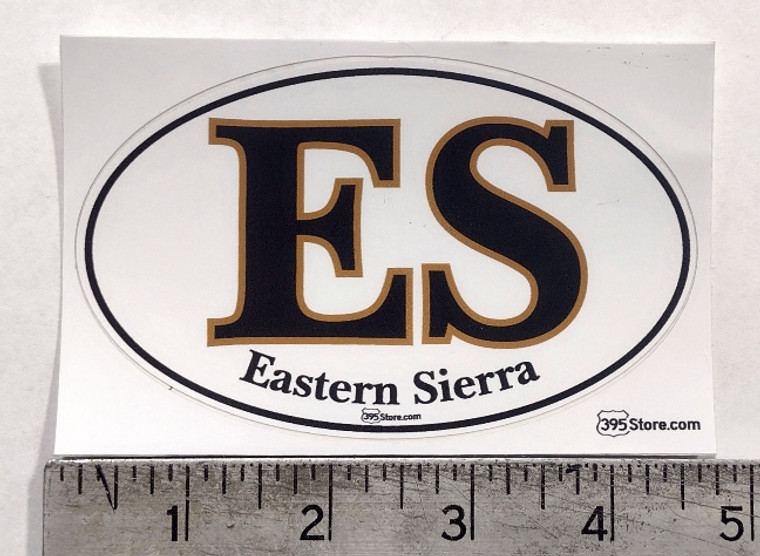 Eastern Sierra Oval shaped sticker. Black and brown.