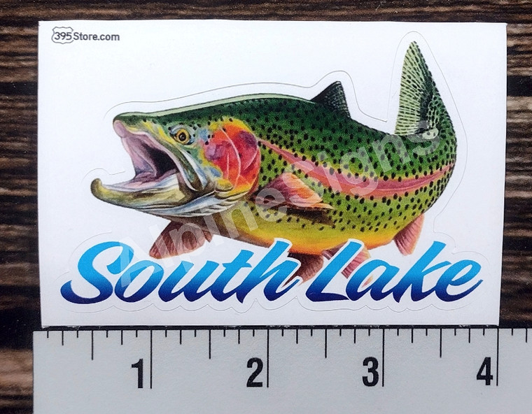 Rainbow trout sticker that says "South Lake"
