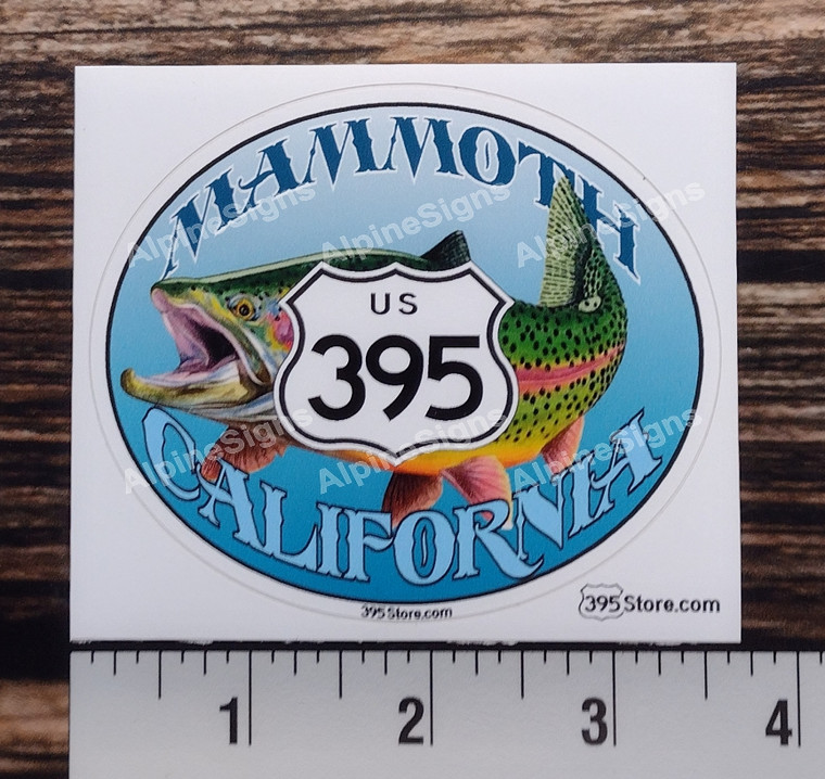 Oval sticker showing rainbow trout with 395 sign that says "Mammoth California"
