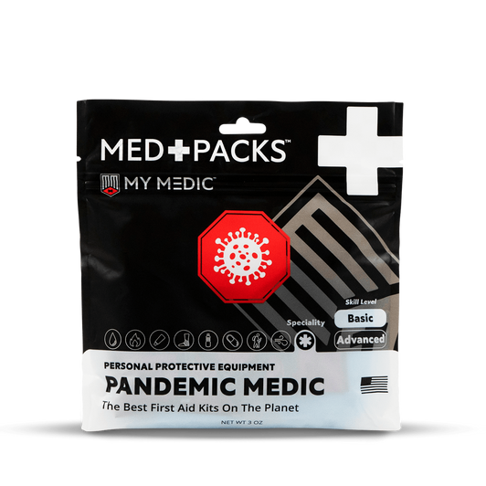 Pandemic Medical Kit | My Medic Personal Protective Pack
Whether you are traveling or running errands, this Pandemic medical kit from My Medic has all the essentials for pandemic scenarios. It's a compact and portable all-in-one first aid solution for personal protective equipment, from super sanitizer to gloves.

Product Highlights:
Use as a grab-and-go kit, or use as a supplemental module to boost your first aid kit or bug-out bag!
Supplies for pandemic and viral illness in mind
HSA/FSA Approved
Pandemic Med Pack Includes:
5 Pairs of Gloves - 5 disposable pairs of gloves
5 Super Sanitizer - Single use hand sanitizer packets.
5 Masks - KN95 Masks