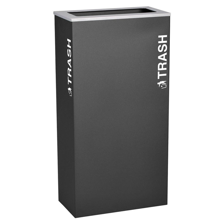 Product Highlights 
Slim, rectangle design
17-gallon capacity
Fingerprint-proof textured steel construction
Eco-friendly and recyclable
Sturdy feet protect floor surfaces
ADA Compliant
Made in the USA