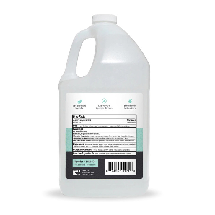 Specifications
Manufacturer Part Number	ZHSG128
Color	Clear
Fragrance	Fragrance-Free
Volume	1 gallon
Quantity	1 gallon or Case of 4 gallons
Weight	9 lbs (single), 36 lbs (case)
Active Ingredients	60% Ethyl Alcohol
Inactive Ingredients	Water, Propylene Glycol, Triethanolamine, 