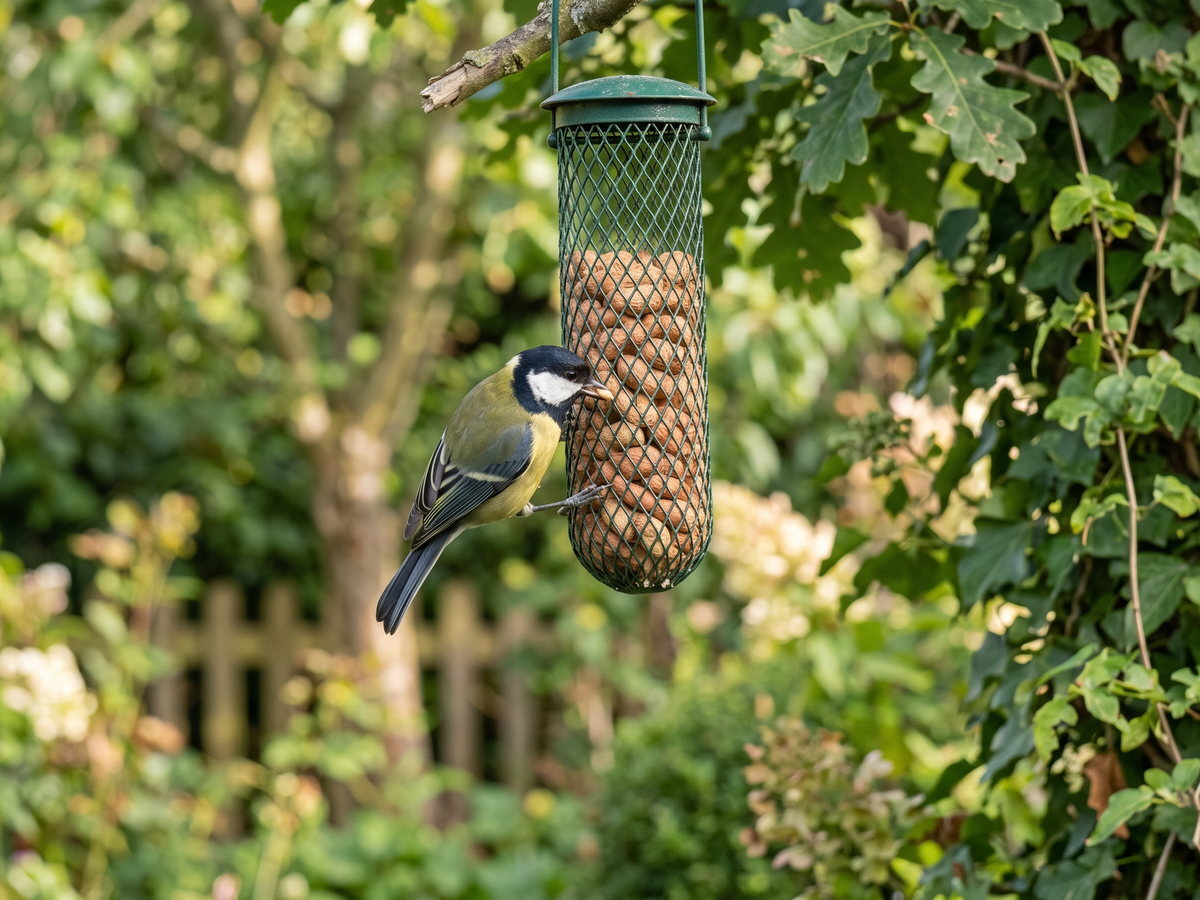 A great tit on a mesh peanut feeder