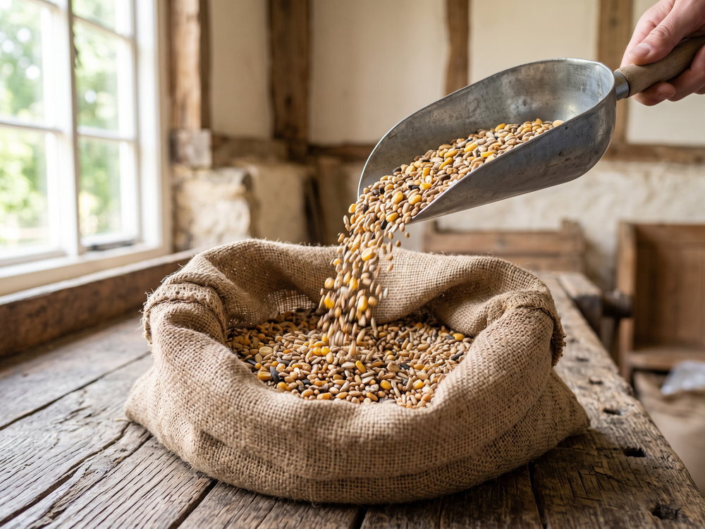 Wild bird seed being poured from a metal scoop into a hessian sack