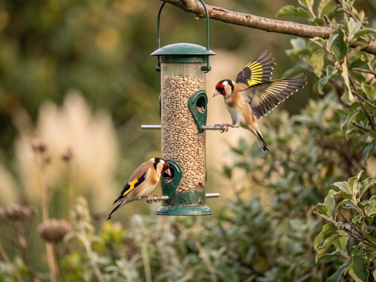 Goldfinches feeding at a sunflower hearts feeder