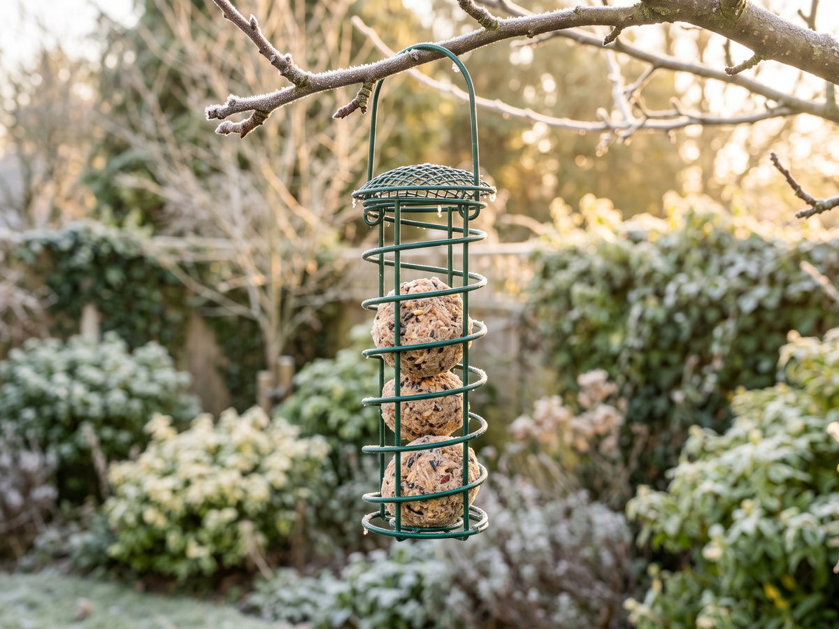 Fat balls in a cage feeder on a frosty morning