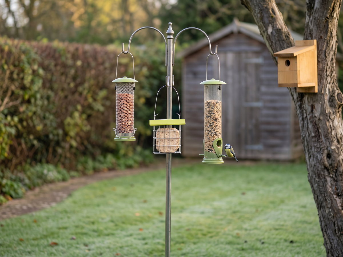 A garden bird feeding station with seed, peanut and suet feeders