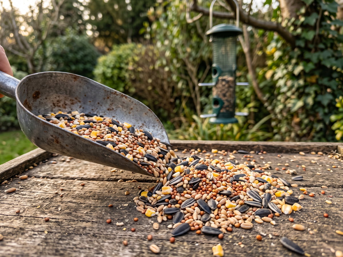 Mixed wild bird seed being poured onto a garden bird table
