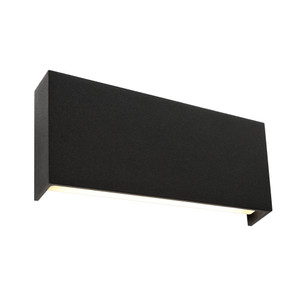 Modern 2 Light Exterior LED Up/Down Wall Light with Different Heights on each side and Sloping Edge Bottom. Features Perfect Black Powder Coated Aluminium Finish with Opal Diffuser.