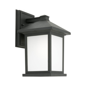 Classic yet Modern Lantern Style Exterior Wall Light. Square Boxed Appearance with Frosted Glass Panels and Black Aluminium Base.