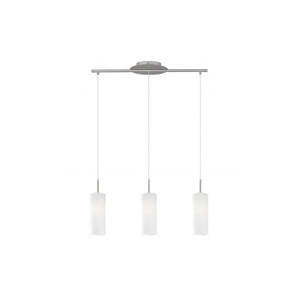This pendant luminaire from the series TROY3 is made of satin nickel steel and has an opal matte glass.