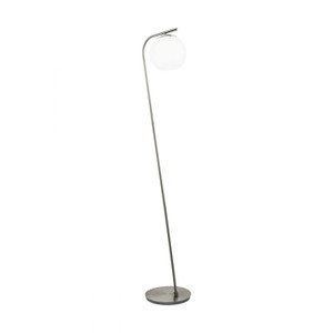 This floor luminaire of the TERRIENTE series is made of satin nickel steel and white, opal-matte glass.