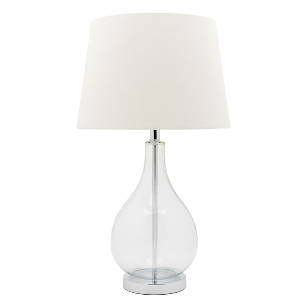 Fashionable Table Lamp with Clear Glass Decorative Base featuring Chrome Highlights as well as Clean, Crisp White Shade.
