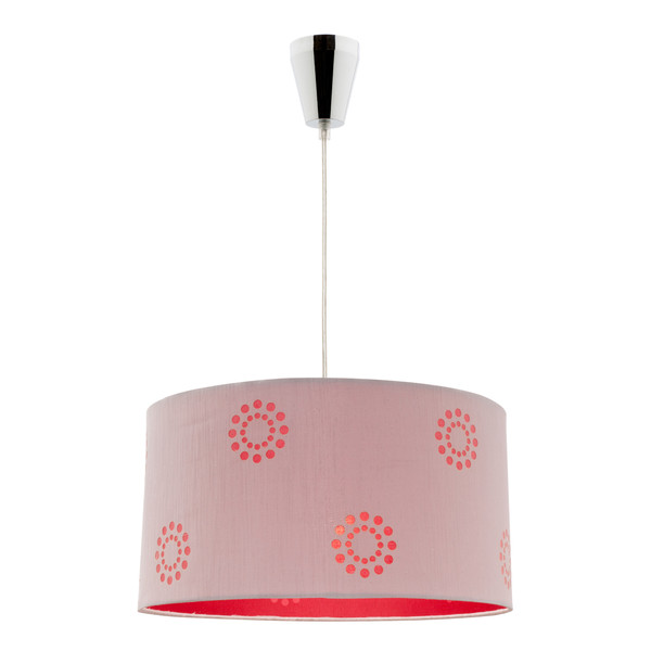 DIY Pendant with Silver/Red Floral Pattern Shade and Chrome Highlights. Fabian is an easy Do-It-Yourself Pendant, No Electrican Required.